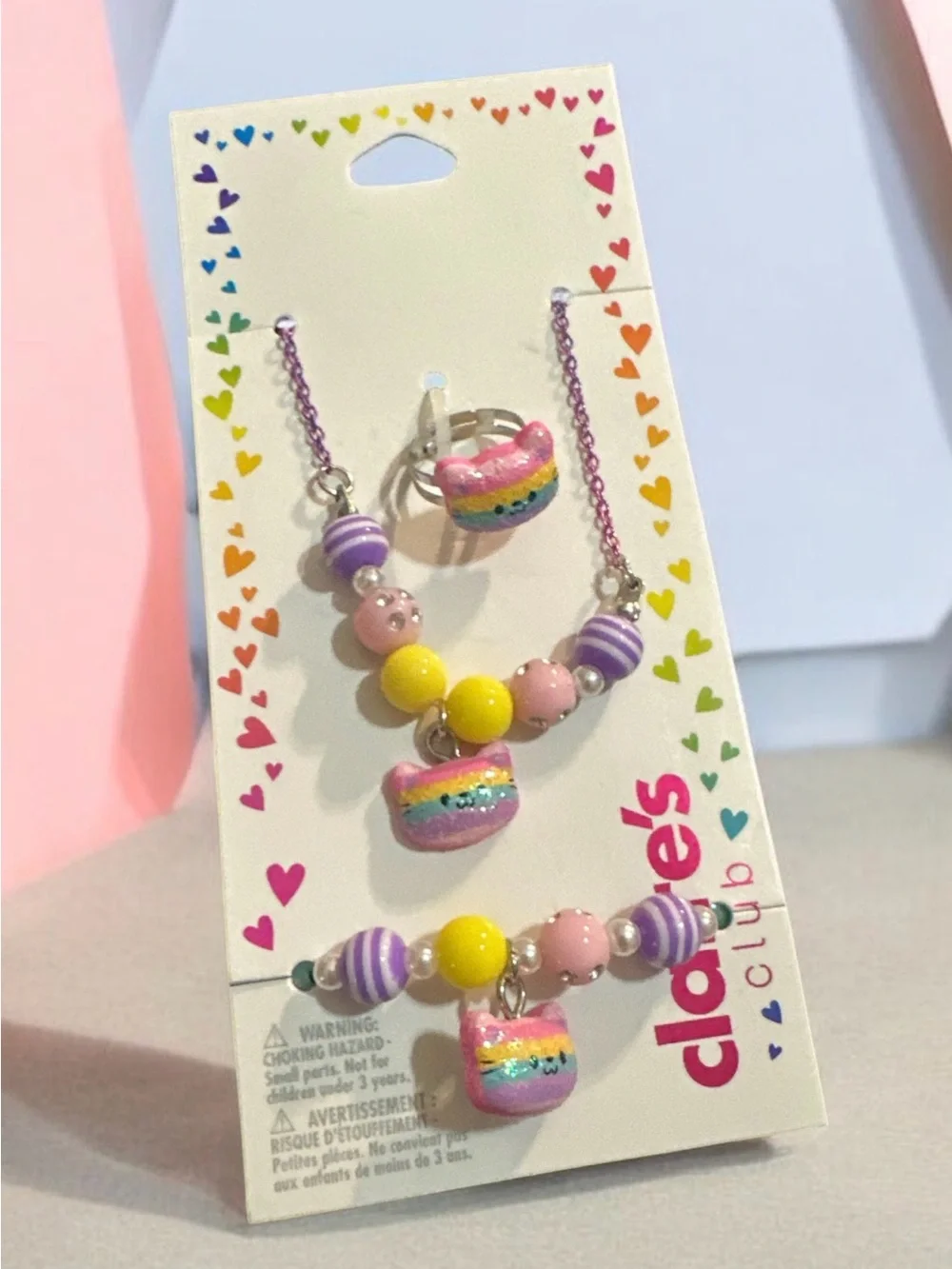 Claire's Pink, Purple, Yellow Rainbow Cat Necklace & Bracelet Set 1072